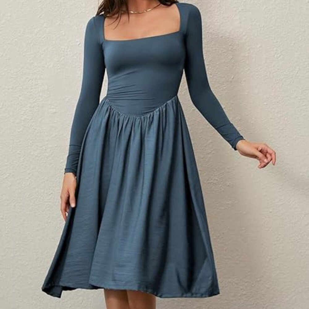 CHYRII Women's Square Neck Blue Long Sleeve Casual A-Line Midi Dress